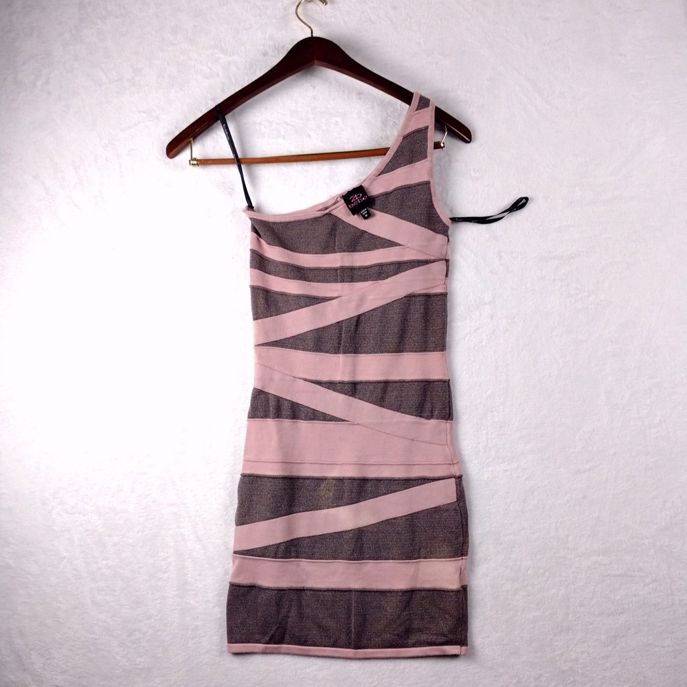 2B Bebe One-Shoulder Lurex Striped Bodycon Dress